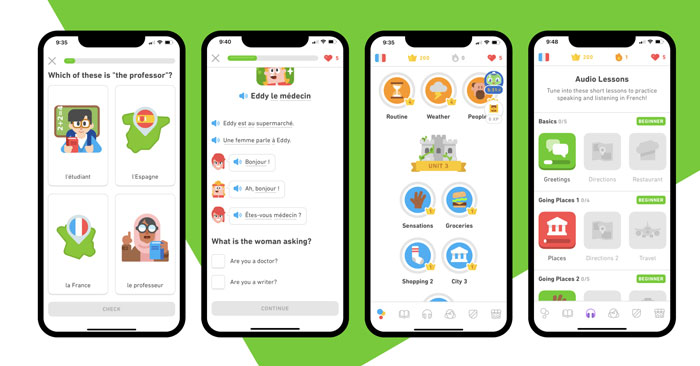 استفاده از کاراکتر های متنوع در نرم‌افزار دولینگو duolingo