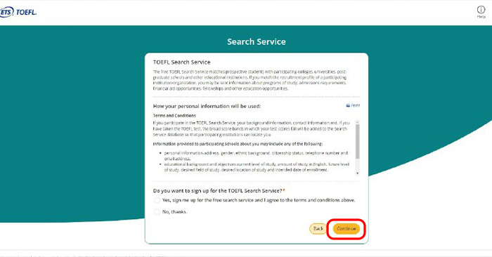 صفحه serach service  در سایت ets برای ثبت نام در آزمون تافل